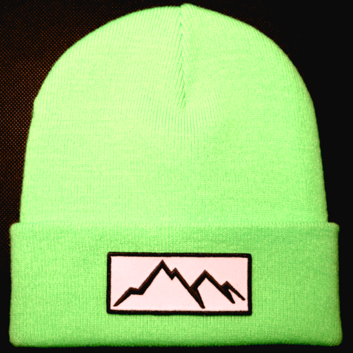 Neongrün Beanie Mütze Patch Weiß Berg Schwarz Signal