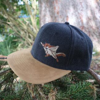 Dunkelgraue Alpsnow Cap mit Flughörnchen-Stick und beigem Schirm auf Tannenzweigen vor einem Baumstamm