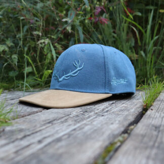Blau-graue Alpsnow Cap mit Geweih-Stick und beigem Schirm auf einer rustikalen Holzbohle vor grünem Hintergrund