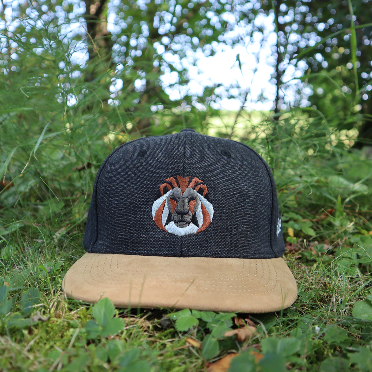 Anthrazitfarbene Alpsnow Cap mit gesticktem Löwen-Motiv und beigem Schirm im Gras